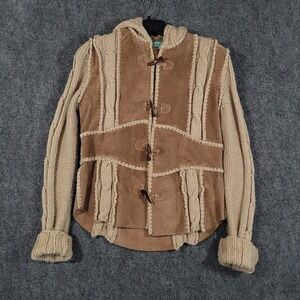 Doma Leather Sweater Jacket‎ Women's Large Brown Cable Knit Hooded Argentina